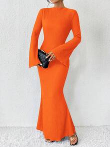 SHEIN Solid Color Trumpet Sleeve Mermaid Dress Maxi Women Outfit Fall Cloth For Women - Burnt Orange - View 3