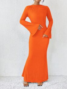 SHEIN Solid Color Trumpet Sleeve Mermaid Dress Maxi Women Outfit Fall Cloth For Women - Burnt Orange - View 7