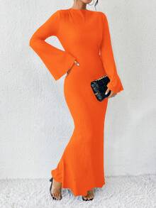 SHEIN Solid Color Trumpet Sleeve Mermaid Dress Maxi Women Outfit Fall Cloth For Women - Burnt Orange - View 6