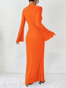 SHEIN Solid Color Trumpet Sleeve Mermaid Dress Maxi Women Outfit Fall Cloth For Women - Burnt Orange - View 2