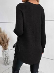 SHEIN Raglan Sleeve Knot Side Sweater,Long Sleeve Tops Knit Pullover Fall Winter Sweater - Black - View 3