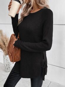 SHEIN Raglan Sleeve Knot Side Sweater,Long Sleeve Tops Knit Pullover Fall Winter Sweater - Black - View 7