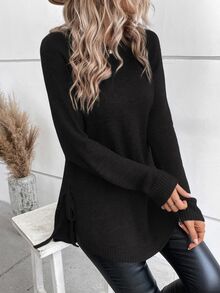 SHEIN Raglan Sleeve Knot Side Sweater,Long Sleeve Tops Knit Pullover Fall Winter Sweater - Black - View 8