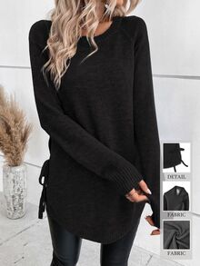 SHEIN Raglan Sleeve Knot Side Sweater,Long Sleeve Tops Knit Pullover Fall Winter Sweater - Black - View 4