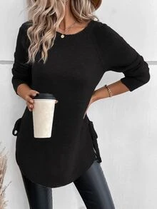 SHEIN Raglan Sleeve Knot Side Sweater,Long Sleeve Tops Knit Pullover Fall Winter Sweater - Black - View 5