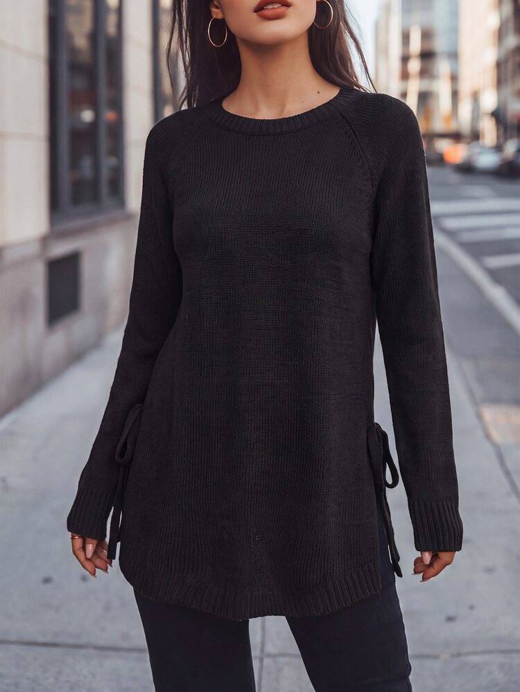 SHEIN Raglan Sleeve Knot Side Sweater,Long Sleeve Tops Knit Pullover Fall Winter Sweater - Black - View 1