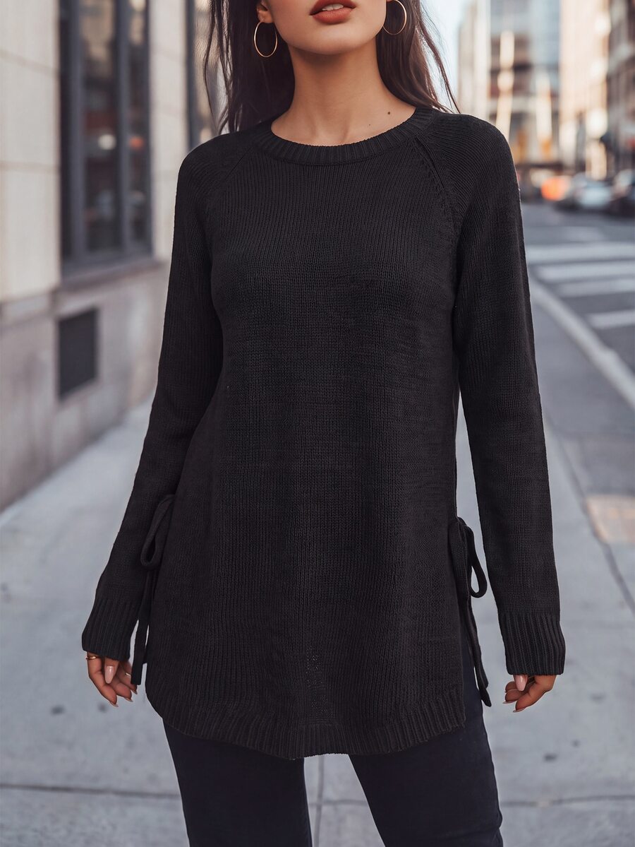 SHEIN Raglan Sleeve Knot Side Sweater,Long Sleeve Tops Knit Pullover Fall Winter Sweater