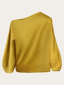 SHEIN 1 件女士优雅斜领亮面纯色长袖衬衫，春秋单肩上衣 - 黃色 - 查看 2