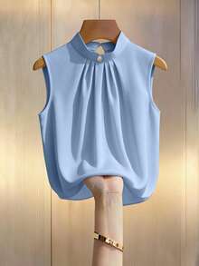 SHEIN Women's Casual Modest Elegance Elegant Solid Color Pleated Pearl Decor Button Shirt Office Brunch Aqua Blue Summer - Blue - View 4