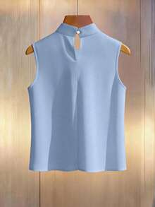 SHEIN Women's Casual Modest Elegance Elegant Solid Color Pleated Pearl Decor Button Shirt Office Brunch Aqua Blue Summer - Blue - View 2