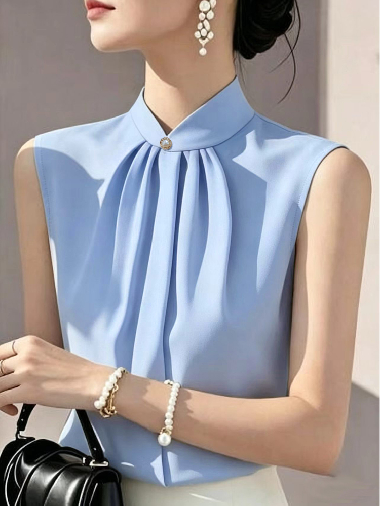 SHEIN Camisa de mujer casual elegante de unicolor con pliegues, decoración de perlas y botones, para oficina y brunch, azul aqua, verano - Azul - Añade 3