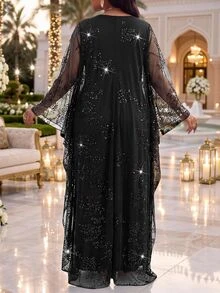 Fleurora Plus Size Fashion Sequin Mesh Elegant Dress Fall New Year Wedding Party Black - Black - View 2