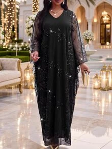 Fleurora Plus Size Fashion Sequin Mesh Elegant Dress Fall New Year Wedding Party Black - Black - View 3