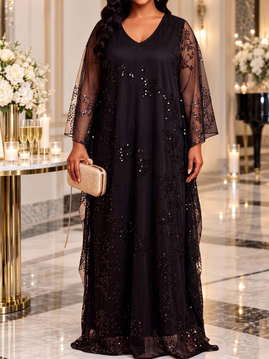 Fleurora Plus Size Fashion Sequin Mesh Elegant Dress Fall New Year Wedding Party Black - Black - View 1