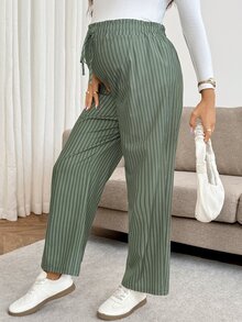 SHEIN 孕婦可調腰圍條紋極簡風長褲 秋季 - 綠色 - 查看 5