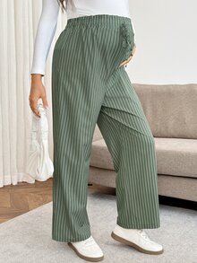 SHEIN 孕婦可調腰圍條紋極簡風長褲 秋季 - 綠色 - 查看 3