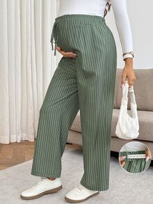 SHEIN 孕婦可調腰圍條紋極簡風長褲 秋季 - 綠色 - 查看 2