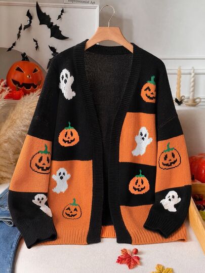 GlowEve CURVE Cardigan de bloques de color para mujer talla grande de Halloween, patrón jacquard de calabaza y fantasma, hombros caídos, manga larga, casual, divertido, abrigo de punto de otoño en negro y blanco