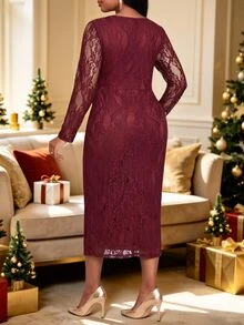Fleurora Plus Size Women's V-Neck Lace Metallic Floral Decor Slit Design Party Dress Christmas - Burgundy - View 2