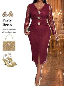 Fleurora Plus Size Women's V-Neck Lace Metallic Floral Decor Slit Design Party Dress Christmas - Burgundy - View 5