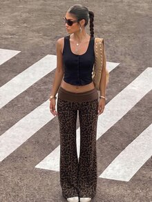 Muchica Plus Size Women's Leopard Print Folded Waist Casual Flare Pants Fall - Multicolor - View 5