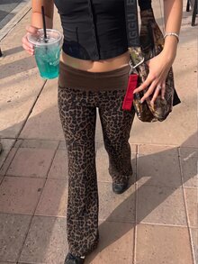 Muchica Plus Size Women's Leopard Print Folded Waist Casual Flare Pants Fall - Multicolor - View 4