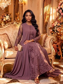Fleurora Plus Size Vintage Elegant Embroidered Pleated Dress For Evening Party Fall - Purple - View 4