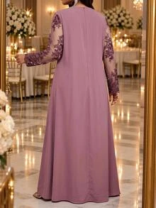 Fleurora Plus Size Vintage Elegant Embroidered Pleated Dress For Evening Party Fall - Purple - View 2
