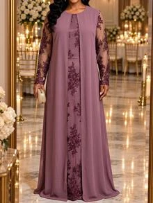 Fleurora Plus Size Vintage Elegant Embroidered Pleated Dress For Evening Party Fall - Purple - View 1
