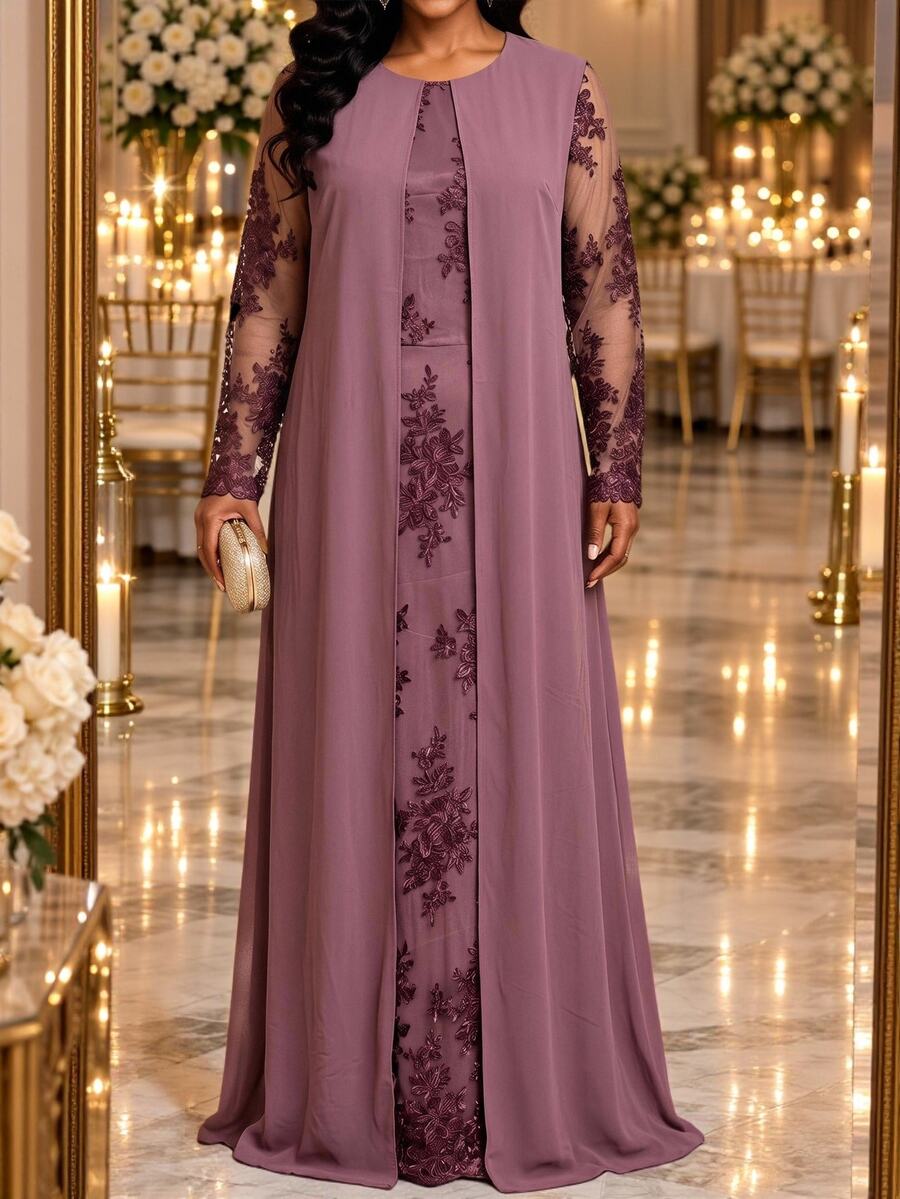 Fleurora Plus Size Vintage Elegant Embroidered Pleated Dress For Evening Party Fall - Purple - View 1