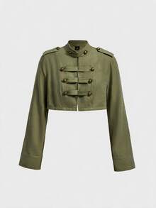 SHEIN MOD Cropped Napoleon Button Long Sleeve Jacket - Army Green - View 2
