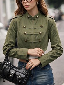 SHEIN MOD Cropped Napoleon Button Long Sleeve Jacket - Army Green - View 7