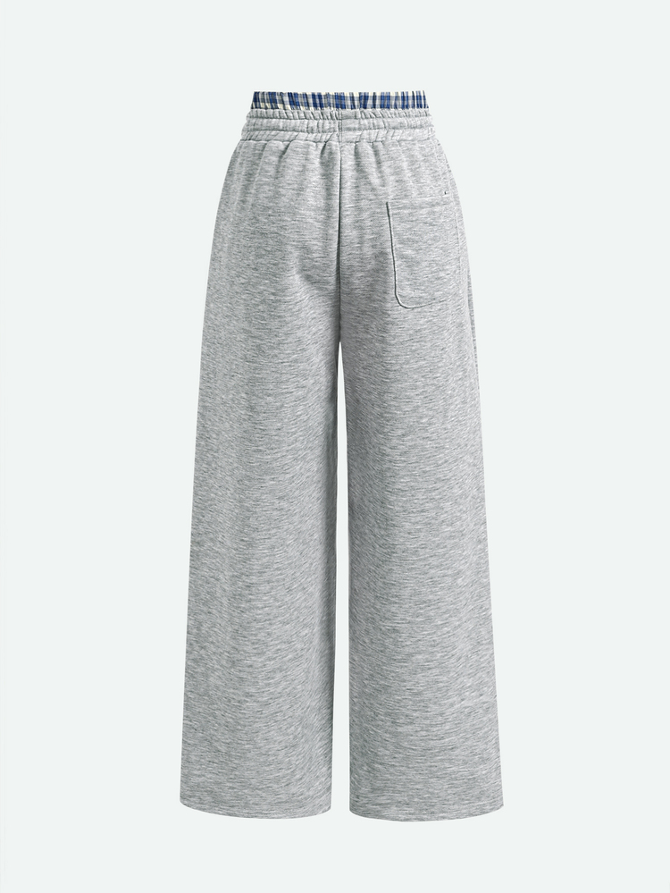 SHEIN Kids Tween Girls Grey Knitted Wide Leg Casual Plaid Waist Detail Comfortable Sweatpants, Autumn/Fall - Light Grey - View 3