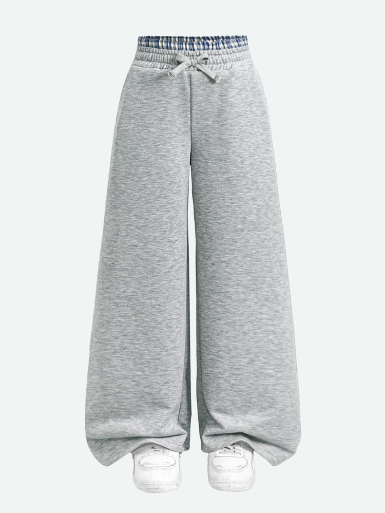 SHEIN Kids Tween Girls Grey Knitted Wide Leg Casual Plaid Waist Detail Comfortable Sweatpants, Autumn/Fall - Light Grey - View 2