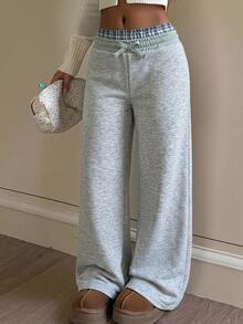 SHEIN Kids Tween Girls Grey Knitted Wide Leg Casual Plaid Waist Detail Comfortable Sweatpants, Autumn/Fall - Light Grey - View 1