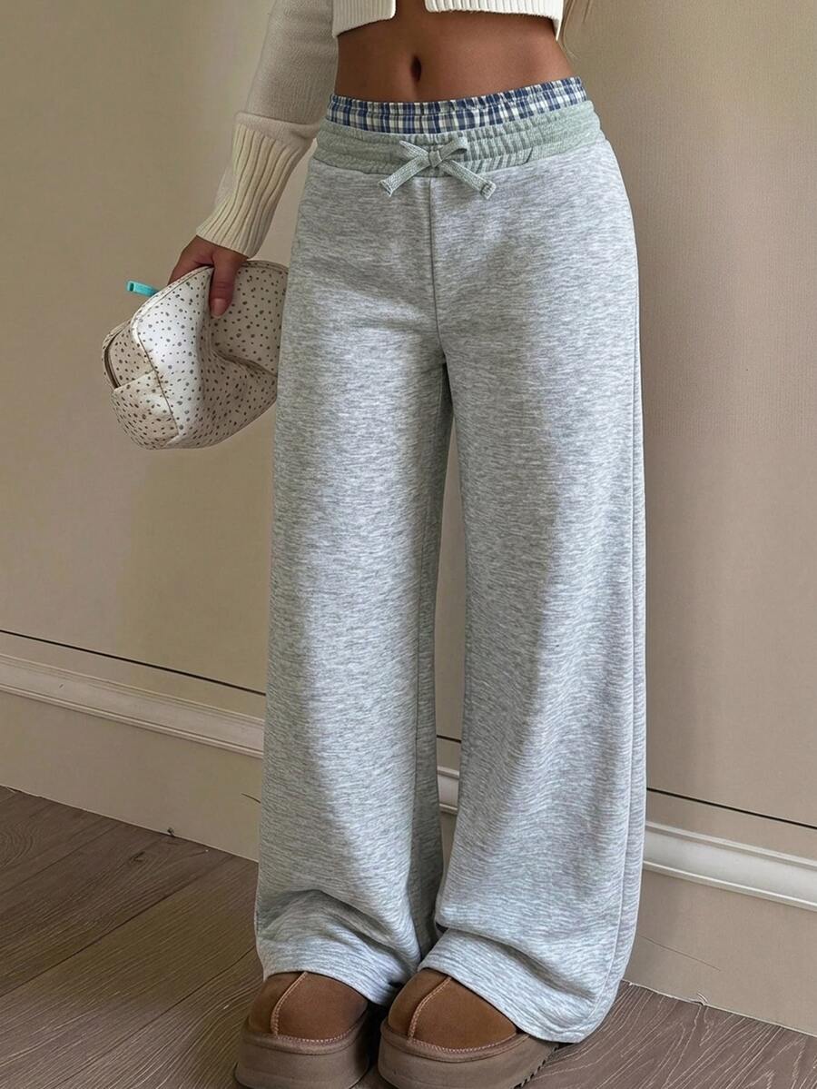 SHEIN Kids Tween Girls Grey Knitted Wide Leg Casual Plaid Waist Detail Comfortable Sweatpants, Autumn/Fall - Light Grey - View 1