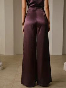 ZEYLAH Women's Solid Color Single-Breasted Pleated Design Wide Leg Elegant Jumpsuit - Purple - View 5