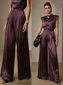ZEYLAH Women's Solid Color Single-Breasted Pleated Design Wide Leg Elegant Jumpsuit - Purple - View 7