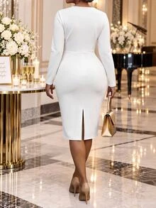 Fleurora Plus Size Women's Overlap V-Neck Long Sleeve Contrast Mesh Fitted Elegant Dress Fall - White - View 5