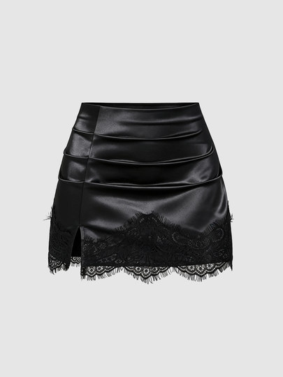 Sweetra Autumn Fashion New American Minimalist Sexy Black Satin Tight Lace Patchwork Anti-Exposure Skirt, Casual Streetwear Halloween Night Party