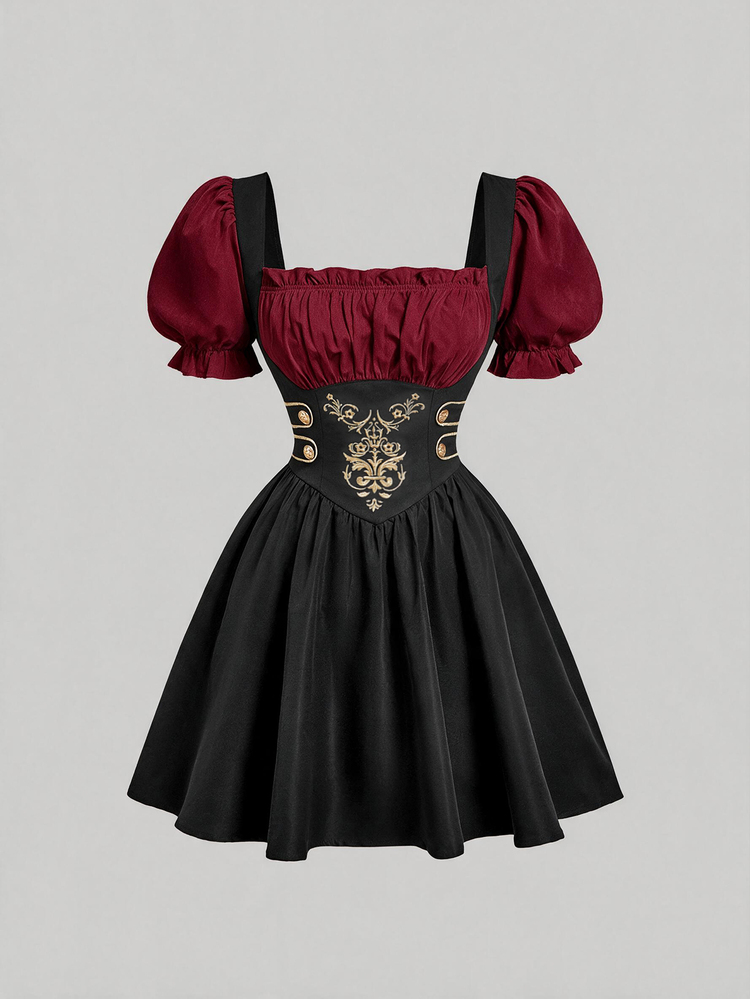 SHEIN MOD Black & White Metal Buckle Embroidered Petal Sleeve 2 In 1 Short Dress - Red and Black - View 2