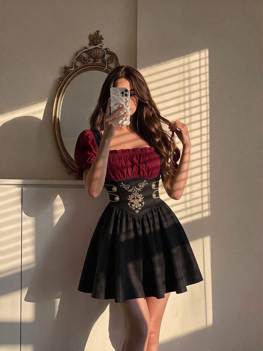 SHEIN MOD Black & White Metal Buckle Embroidered Petal Sleeve 2 In 1 Short Dress - Red and Black - View 1