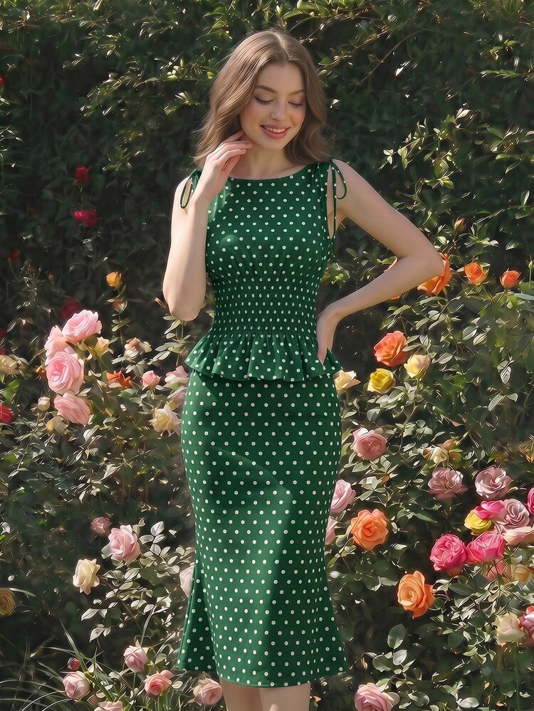 SHEIN MOD Women's Green Polka Dot Pattern Shirred Waist Sleeveless Blouse And Mermaid Skirt Elegant Cottagecore Set Picnic Vacation Tea Party Summer - Dark Green - View 5