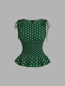 SHEIN MOD 女款綠色波點圖案抓皺腰無袖上衣與魚尾裙優雅鄉村風套裝，適合野餐、度假、茶會、夏季 - 墨綠色 - 查看 6