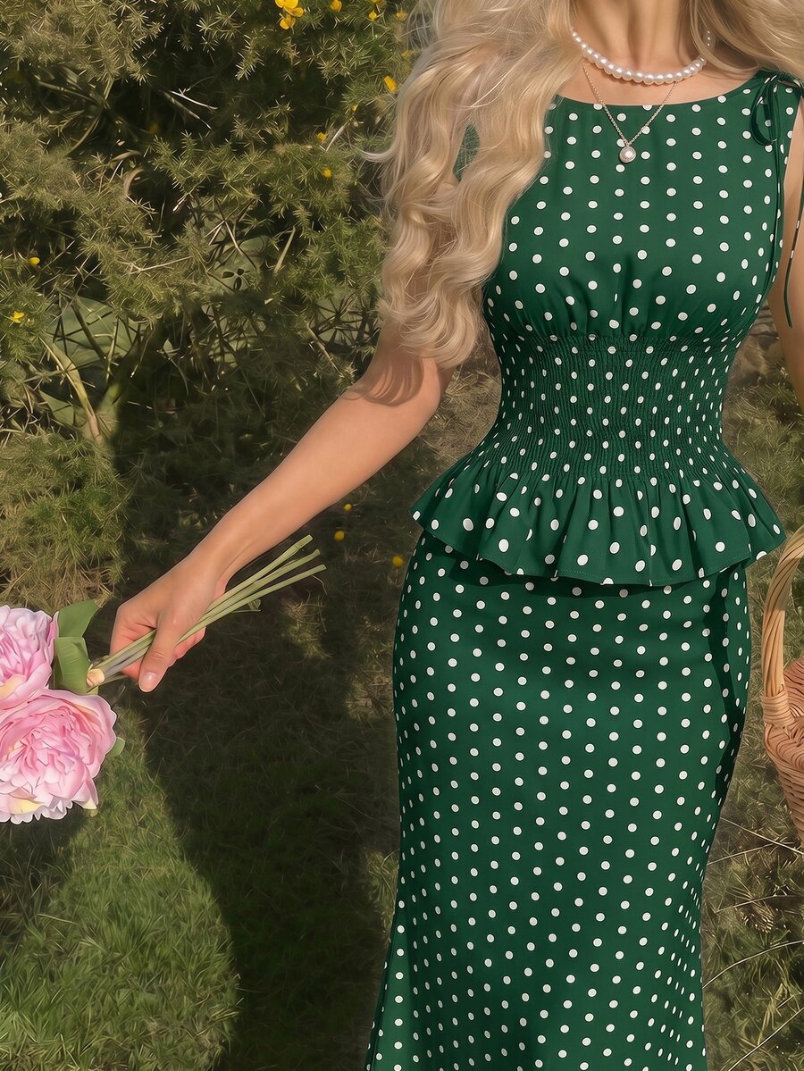 SHEIN MOD 女款綠色波點圖案抓皺腰無袖上衣與魚尾裙優雅鄉村風套裝,適合野餐、度假、茶會、夏季 - 墨綠色 - 查看 1