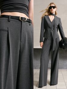 MOTF PREMIUM WOMEN'S PLEATED POCKET ELEGANT WIDE LEG SUIT PANTS FOR COMMUTING - Dark Grey - View 7
