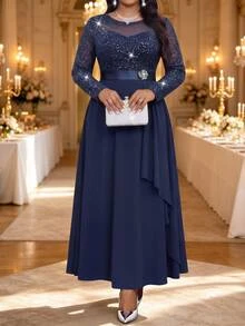Fleurora Plus Size Fashion Party Wedding Formal Glitter Patchwork Dress Fall New Year Elegant - Navy Blue - View 3