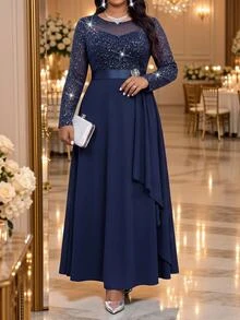 Fleurora Plus Size Fashion Party Wedding Formal Glitter Patchwork Dress Fall New Year Elegant - Navy Blue - View 1