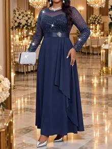 Fleurora Plus Size Fashion Party Wedding Formal Glitter Patchwork Dress Fall New Year Elegant - Navy Blue - View 4