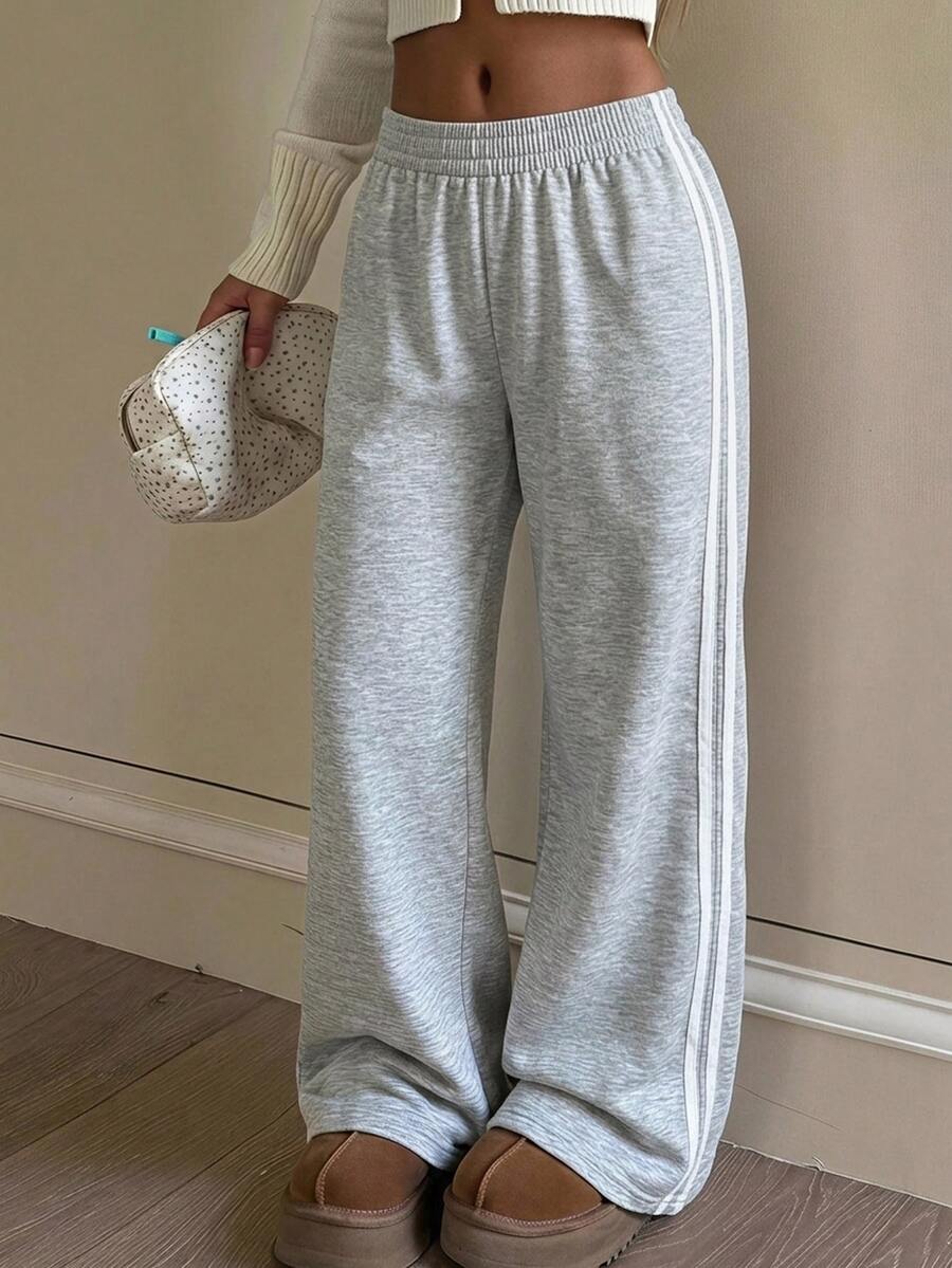 SHEIN Kids Tween Girls Casual White Tape Light Grey Simple Casual Wide Leg Sweatpants, Back To School - Grey - View 1